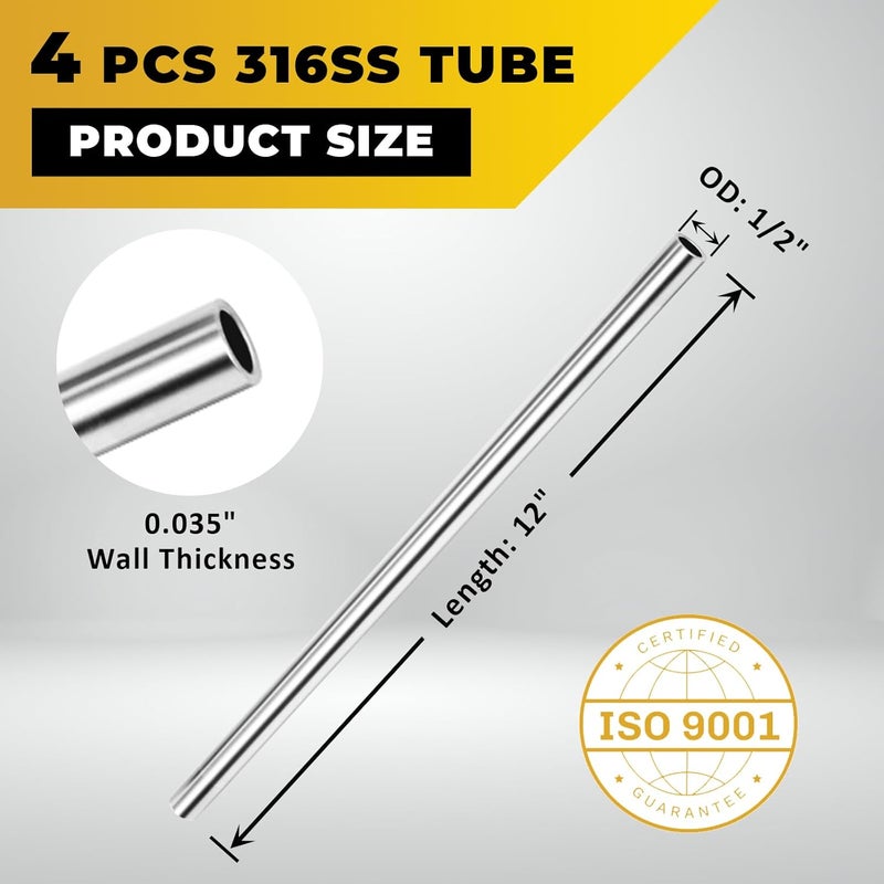 VALVENTO 1/2" OD 316 Stainless Steel Tube 12 inch Length Round Straight Steel Pipe Metal Tubing Industrial Metal Tube (4 Pcs) - Image 2